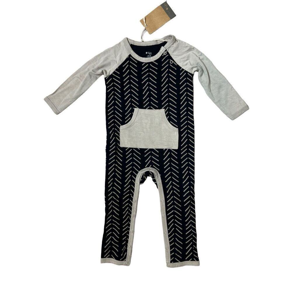 Kyte Baby Bamboo Herringbone Khaki & Midnight Romper‎ Longalls 2T Geometric NWT